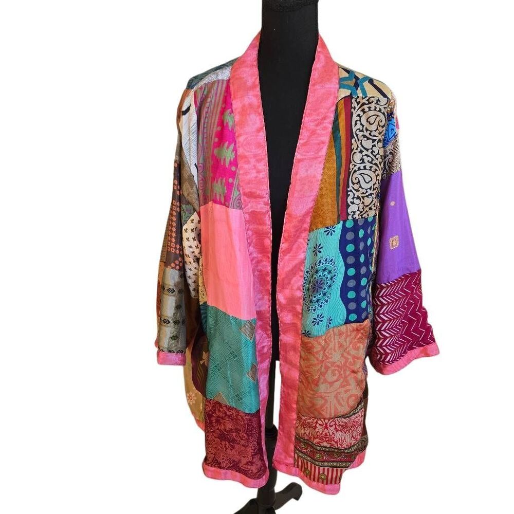 Boho Womens Patchwork Silky Reversible Belted Lon… - image 1